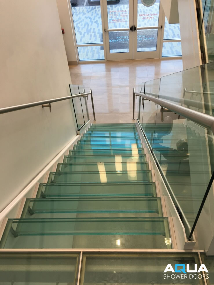 Glass Staircase with non slip glass brushed stainless hardware finish
