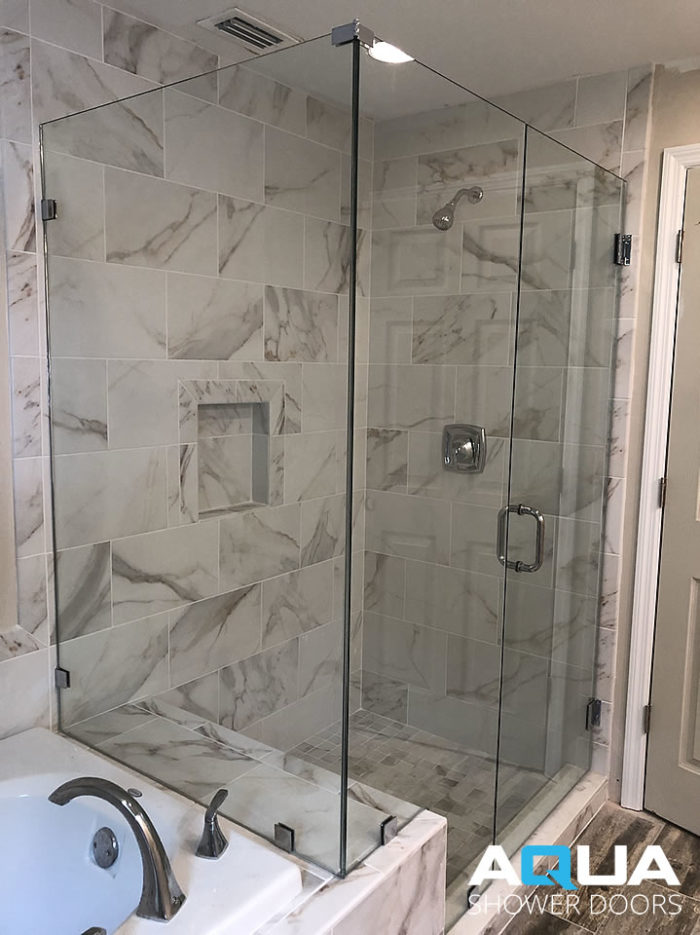 3/8” Frameless Shower Door with Inline Notched Panel